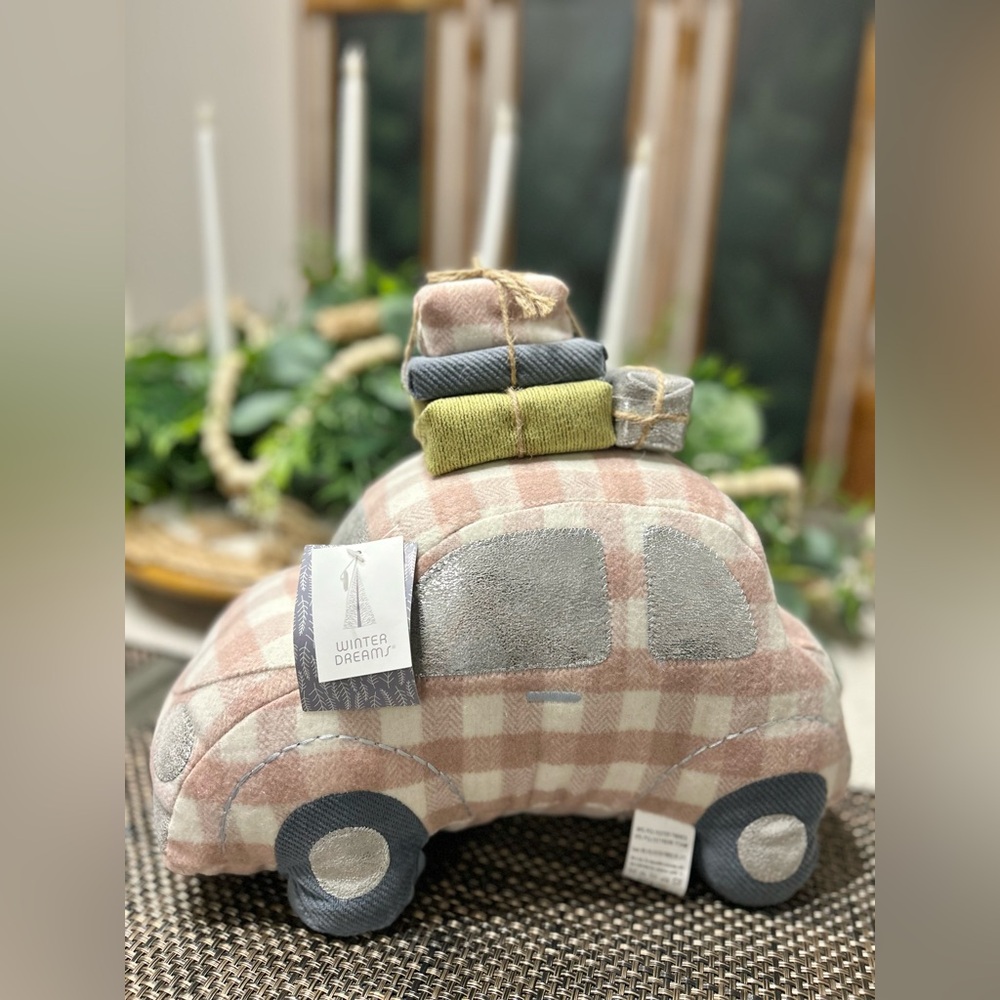 Winter Dreams Christmas Buggy Car Pink White Checkers Presents Plush Pillow